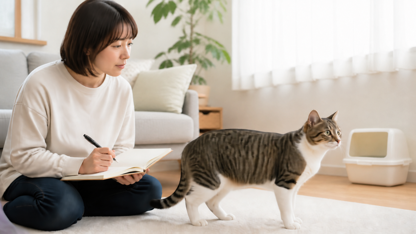 室内で猫の普段の様子を見ながらノートへ記録する飼い主