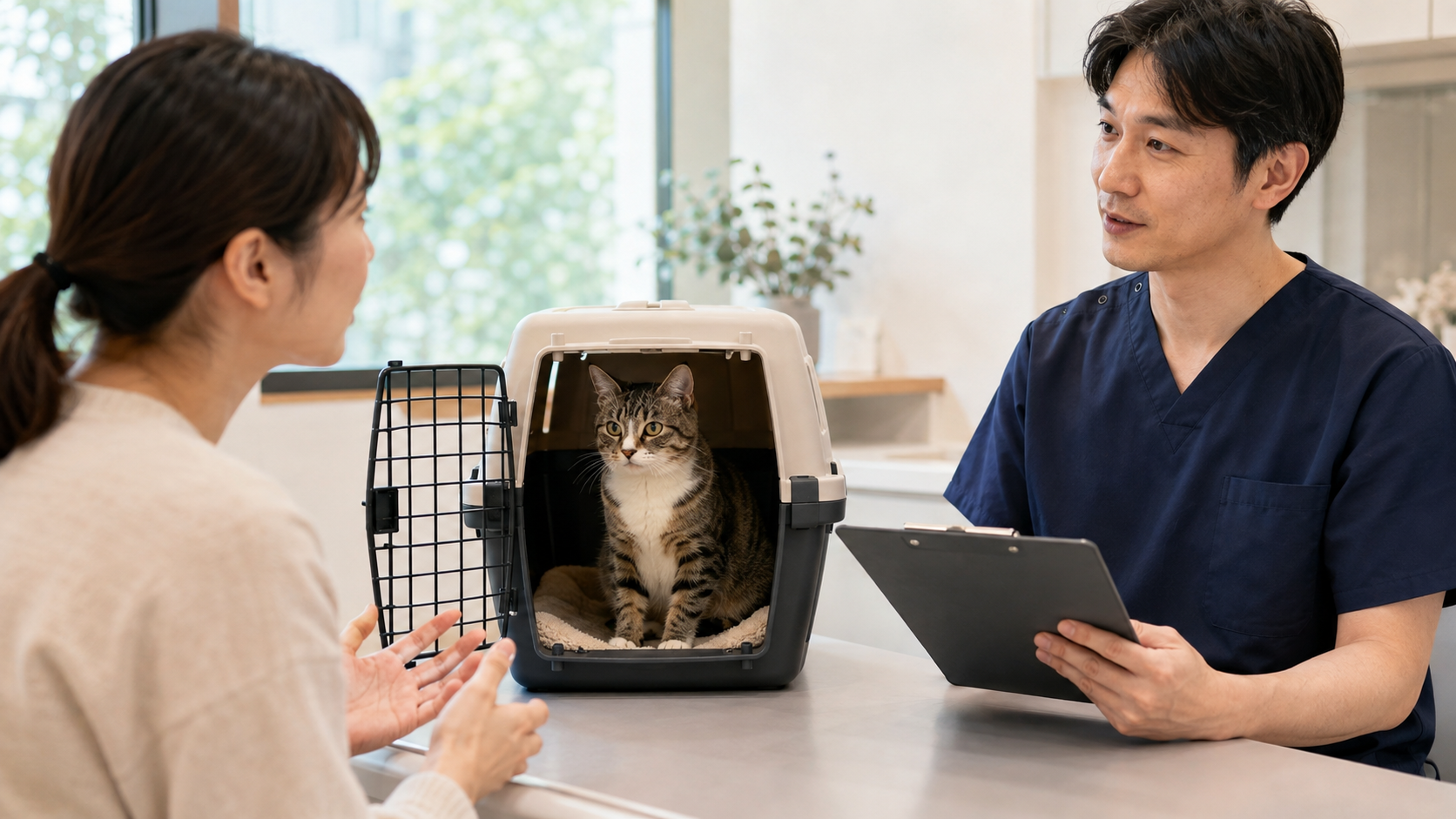 キャリー内で落ち着く猫をそばに置き、歯科治療について獣医師へ相談する飼い主