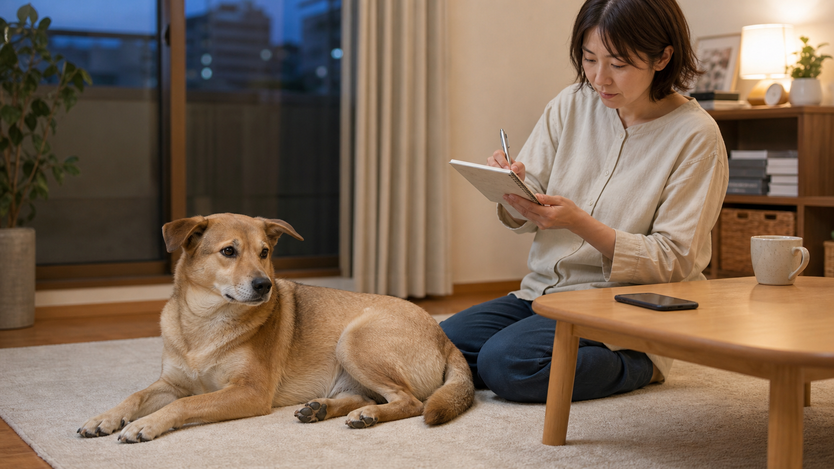 マットで休む犬のそばで飼い主が吠えの観察記録をつける場面