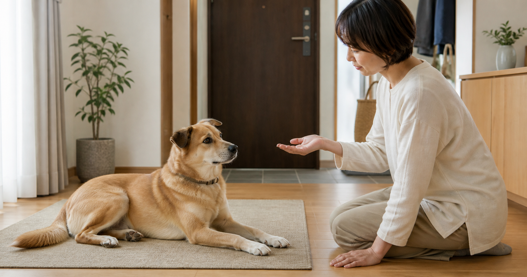 玄関から離れたマットで落ち着き、飼い主の合図を見る犬