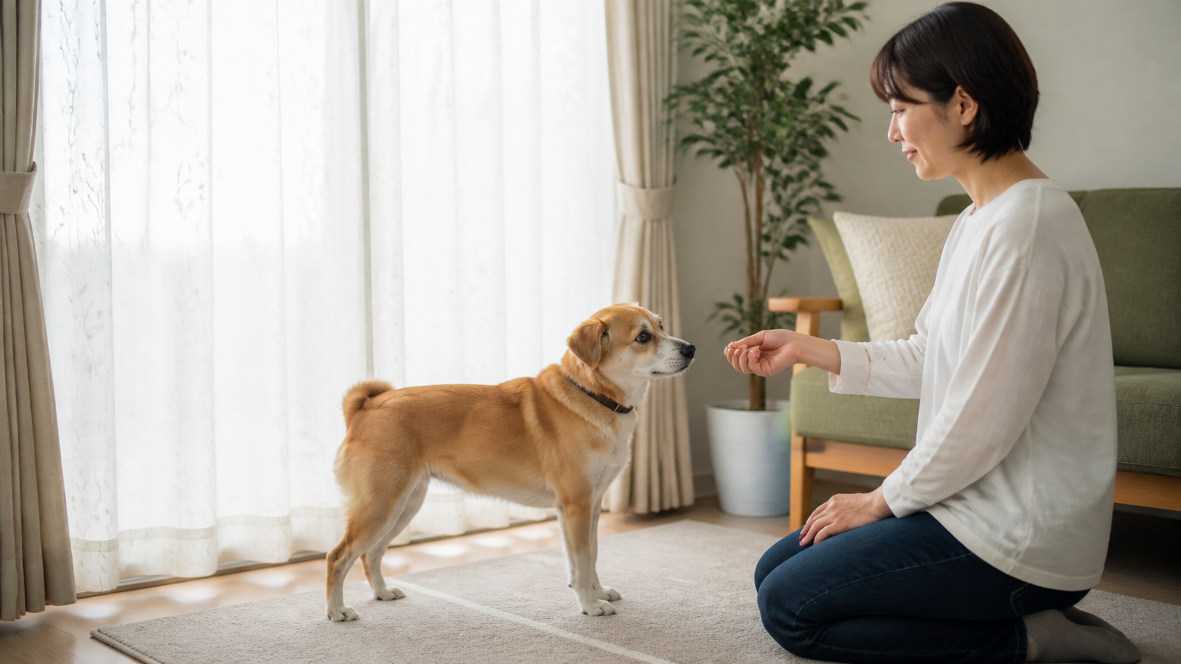 窓の視覚刺激を減らし、飼い主へ振り向いた犬を穏やかに強化する場面