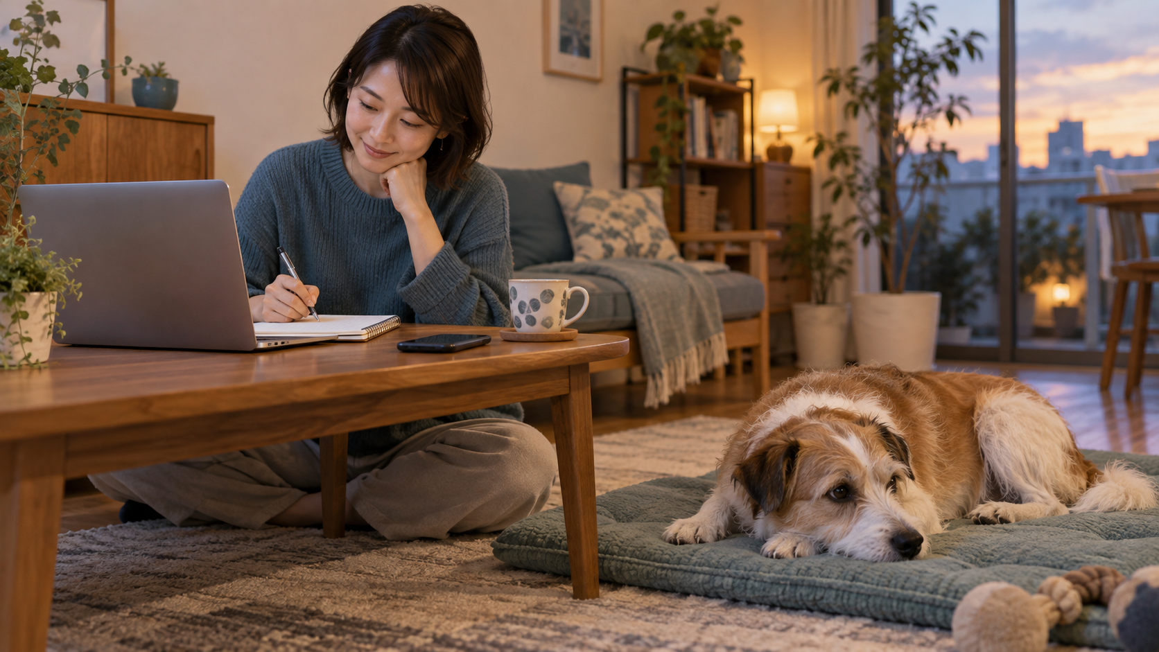 犬が休んでいるそばで相談用の記録を整理する飼い主