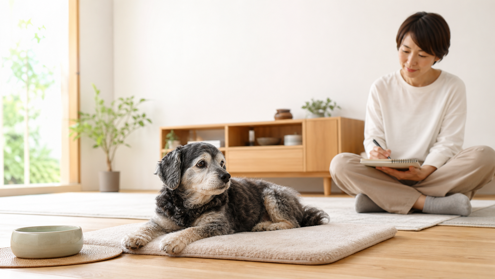 室内で休むシニア犬を飼い主が静かに見守る様子
