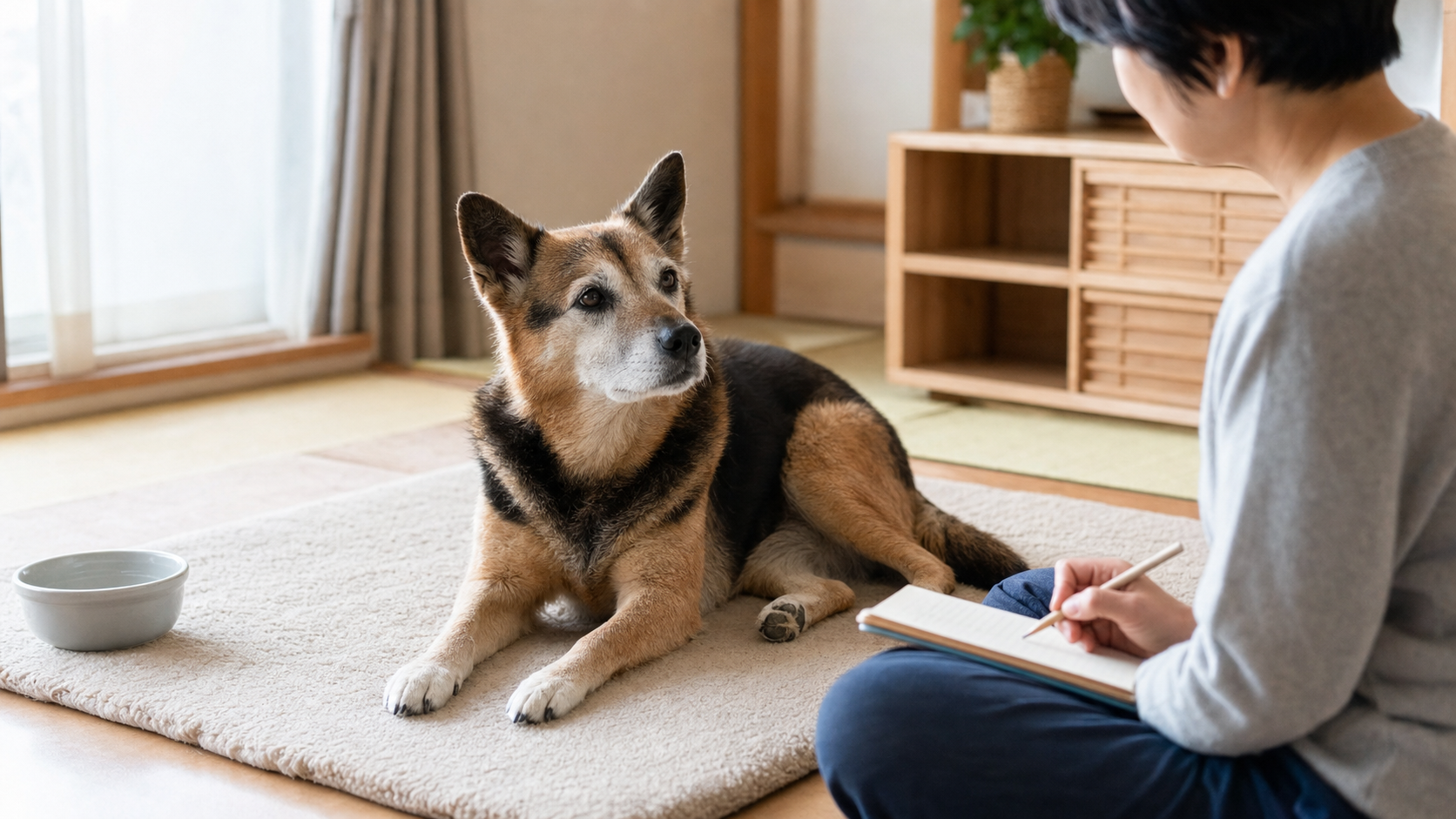 老犬を落ち着いて観察し、ノートに記録する飼い主