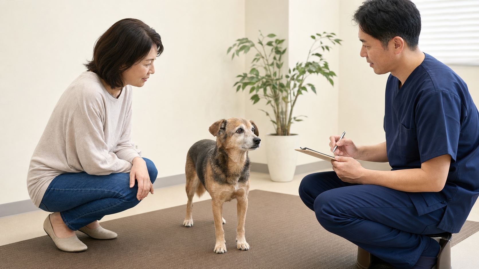 診察室で老犬の経過を獣医師へ相談する飼い主